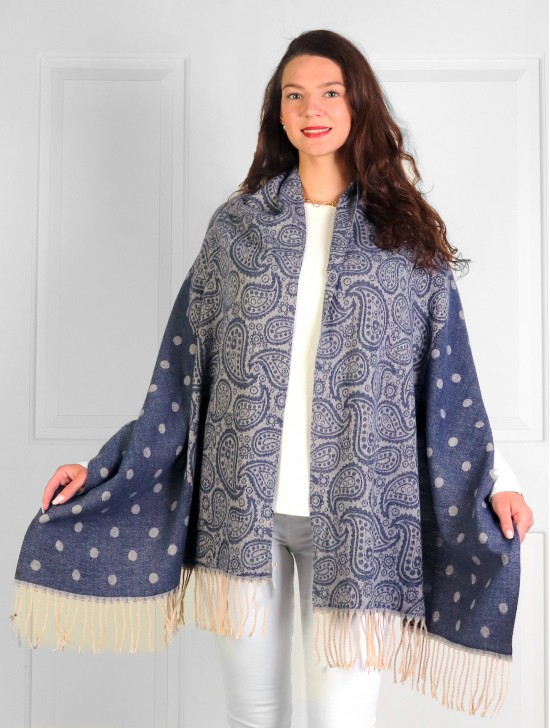 Cashmere Feeling Paisley & Polka-Dot Scarf with Fringes